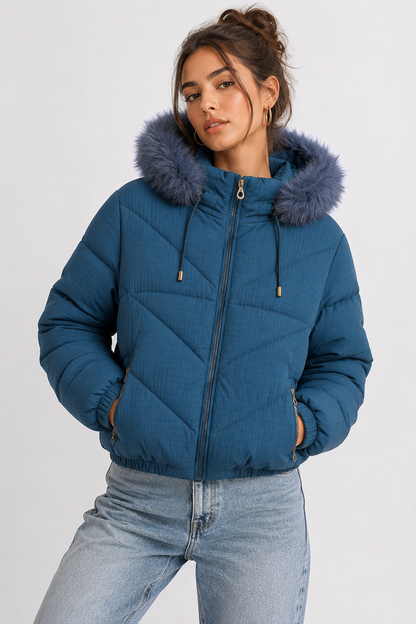 Campera Puffer Premium Mujer con Capucha de Pelo e Interior Soft