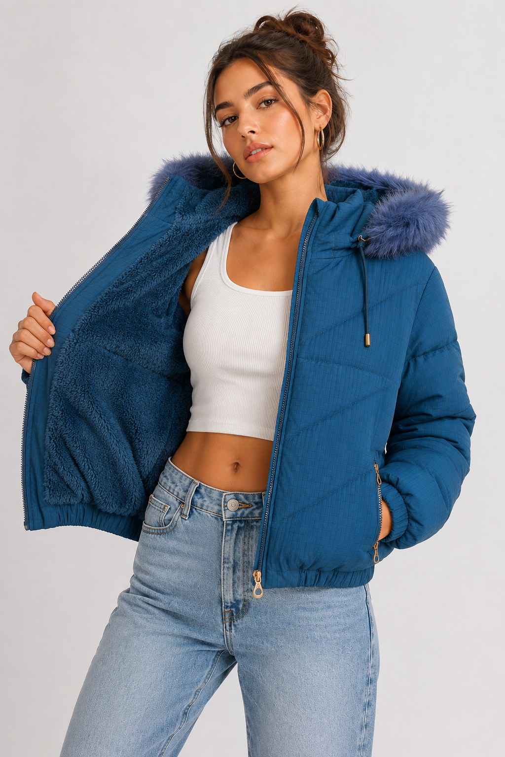 Campera Puffer Premium Mujer con Capucha de Pelo e Interior Soft