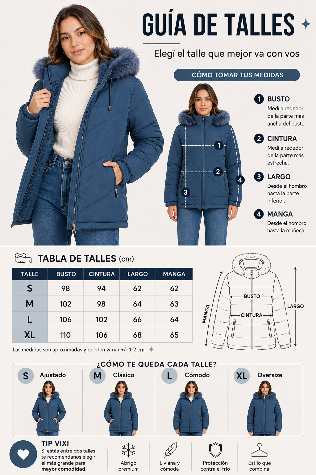 Campera Puffer Premium Mujer con Capucha de Pelo e Interior Soft