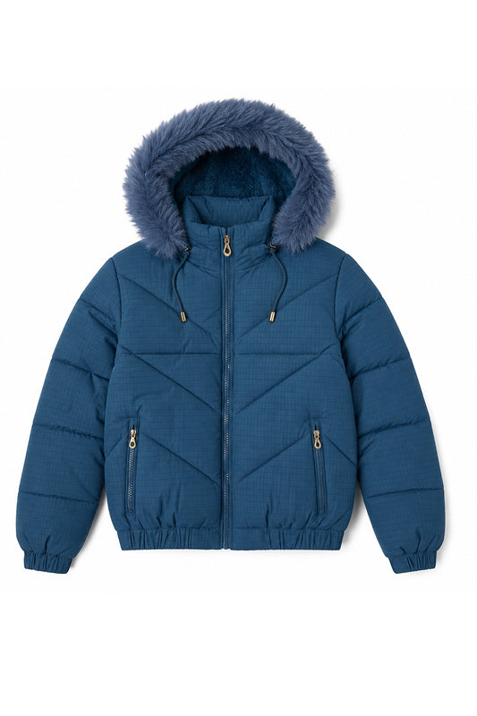 Campera Puffer Premium Mujer con Capucha de Pelo e Interior Soft