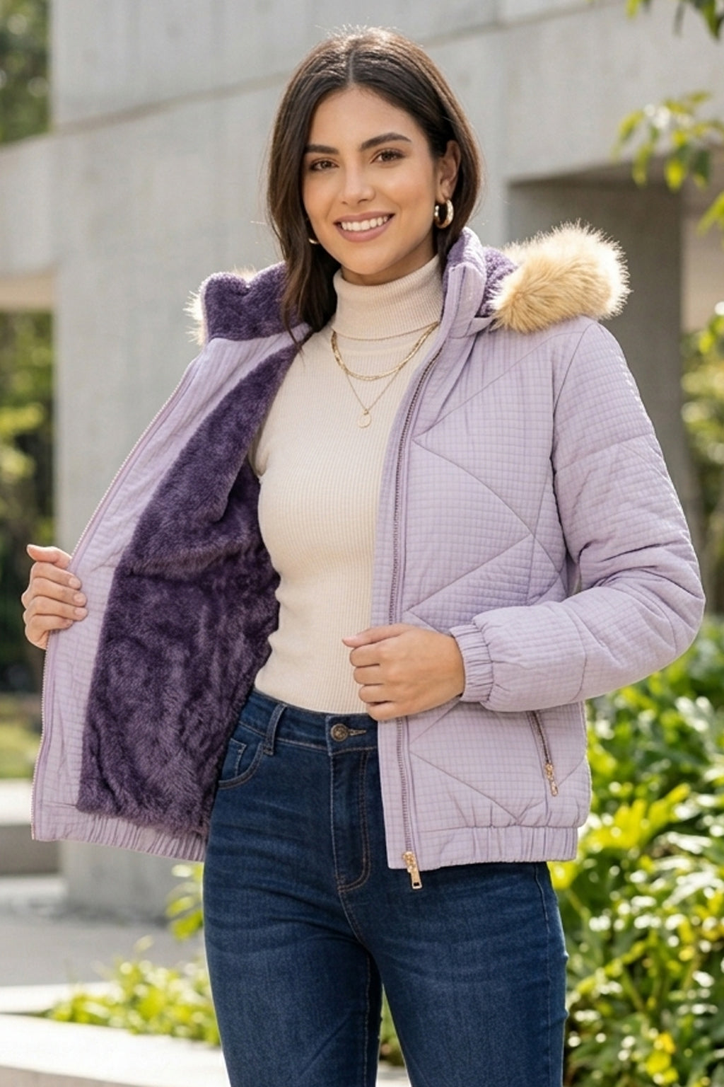 Campera Puffer Premium Mujer con Capucha de Pelo e Interior Soft