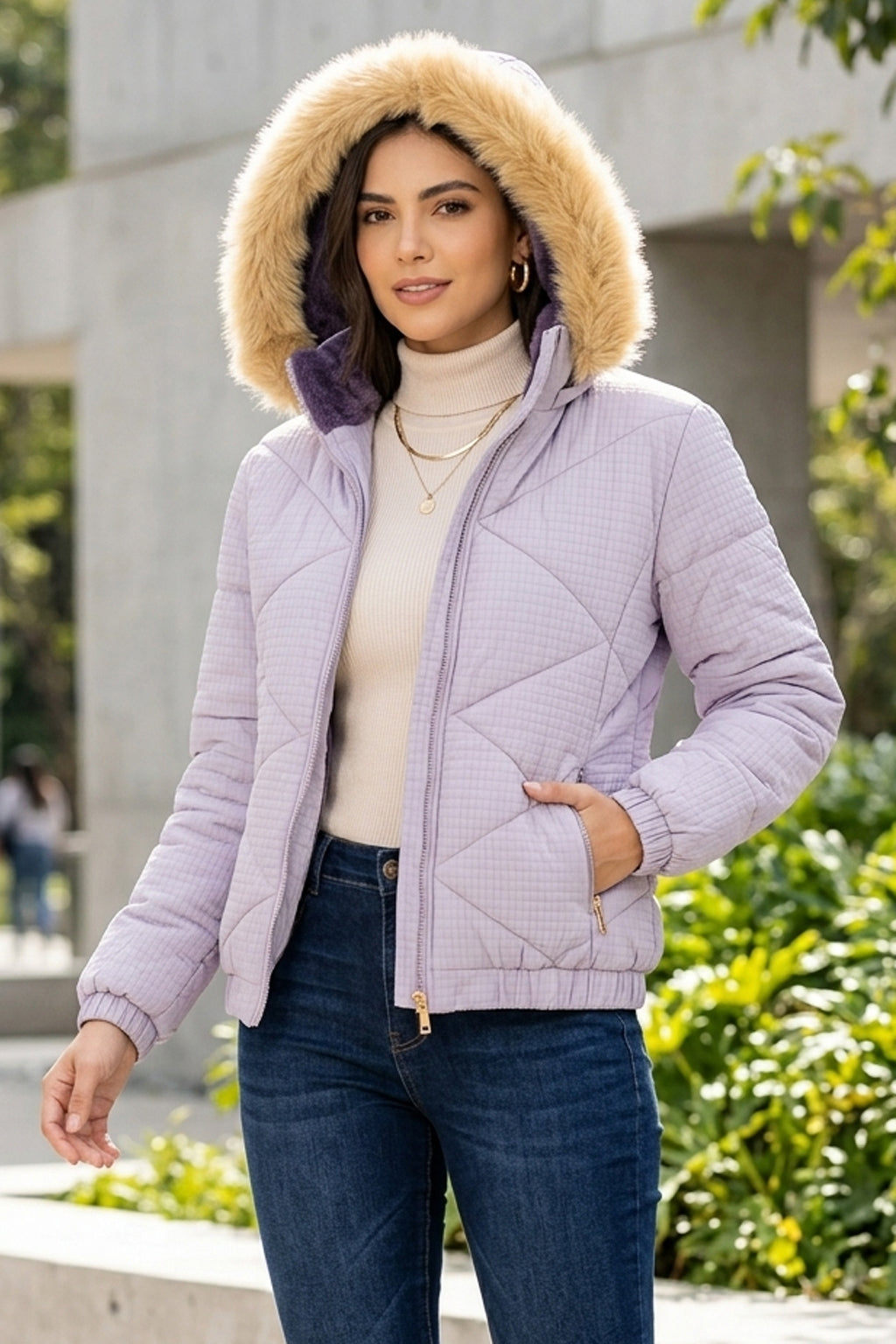 Campera Puffer Premium Mujer con Capucha de Pelo e Interior Soft